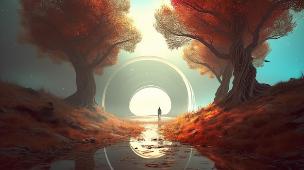 A man stands in a forest with a large hole in the middle of it.