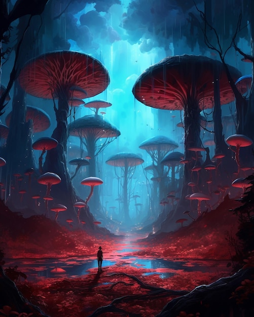 Мужчина стоит в лесу с красным грибом слева.