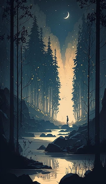 Человек стоит в лесу с рекой на заднем плане