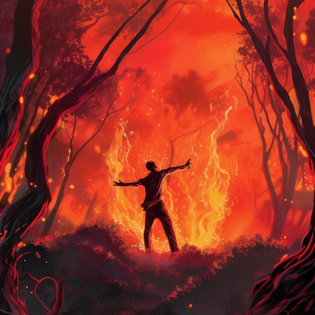 남자는 바닥에 불이라는 단어와 함께 숲에 서 있습니다.