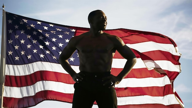 Photo a man stands in front of an american flag