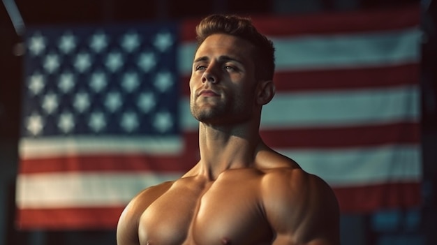 A man stands in front of an american flag