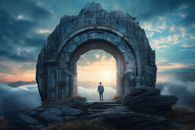 A man stands in front of an arch on a mountain.