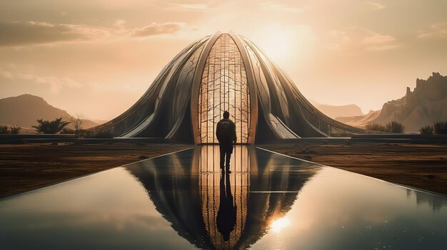 man stands in front of an arch that says the word on it