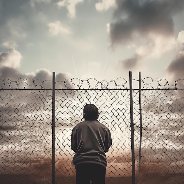 A man stands in front of barbed wire a man in custody prison captivity Personal freedom concept