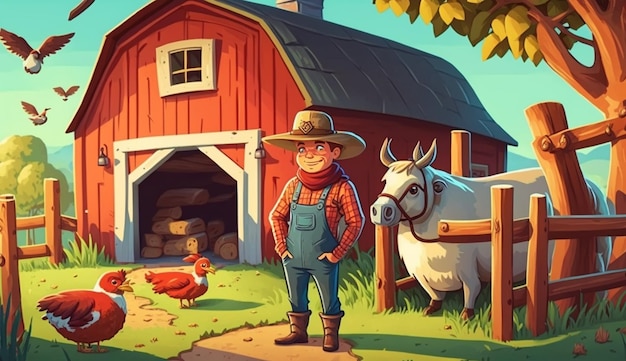 A man stands in front of a barn with a cow and a cow.