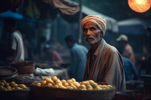 A man stands in front of a basket of mangoes at a market.