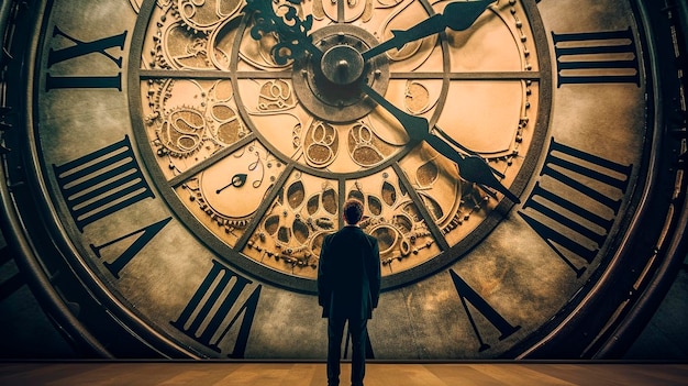 A man stands in front of a big clock illustrating the passage of time Generative AI