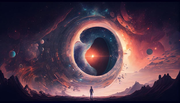 A man stands in front of a black hole that has the word'space'on it