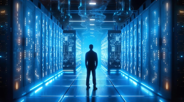 한 남자가 파란색 데이터 디스플레이 앞에 서 있습니다.