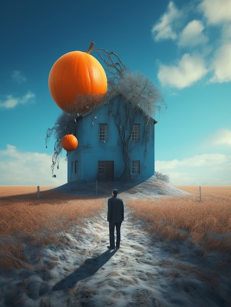 A man stands in front of a blue house with a pumpkin on the top.