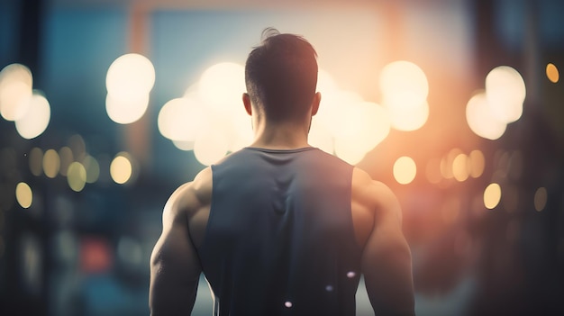 A man stands in front of a blurred background, with the word gym on the left.