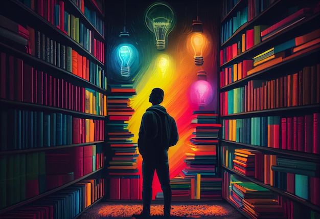 A man stands in front of a book store with a lit up lightbulbs above him.