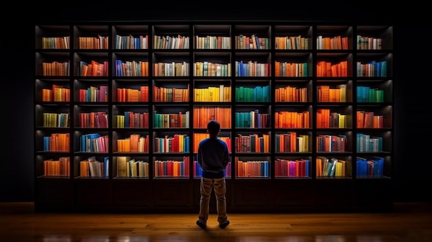 A man stands in front of a bookcase with the word library on it.