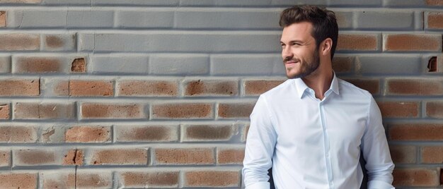 a man stands in front of a brick wall with a blue shirt on