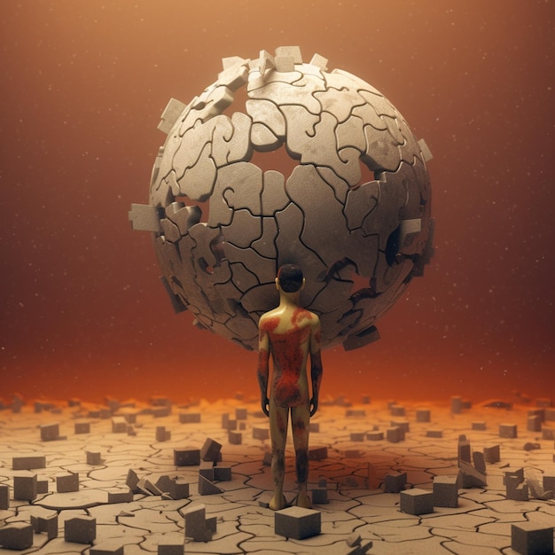 A man stands in front of a broken sphere with the word " on it.