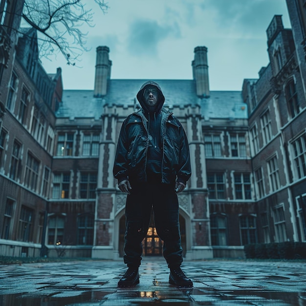 a man stands in front of a building with a hoodie on