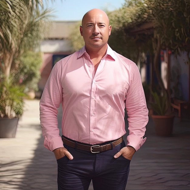 a man stands in front of a building with a pink shirt on