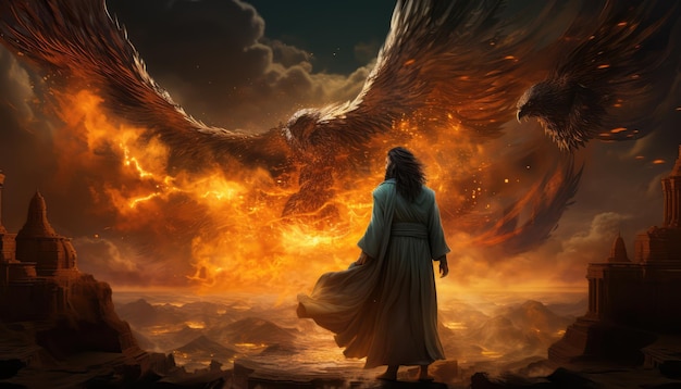 A man stands in front of a burning angel and the words quot god quot