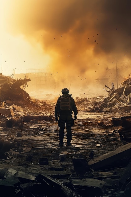 '세상의 끝'이라는 글귀가 적힌 불타는 건물 앞에 한 남자가 서 있다