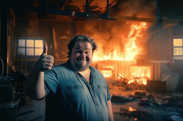 A man stands in front of a burning building