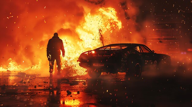 A man stands in front of a burning car The man is wearing a black jacket and jeans The car is on fire and the flames are spreading
