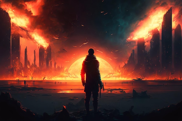 A man stands in front of a burning city.