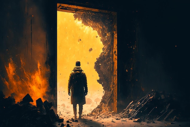 A man stands in front of a burning door.