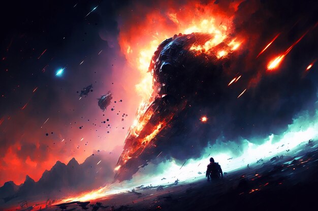 A man stands in front of a burning mountain and the explosion is about to fall.