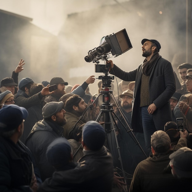 a man stands in front of a camera with the word " on it.