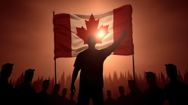 한 남자가 캐나다 국기 앞에 서 있다