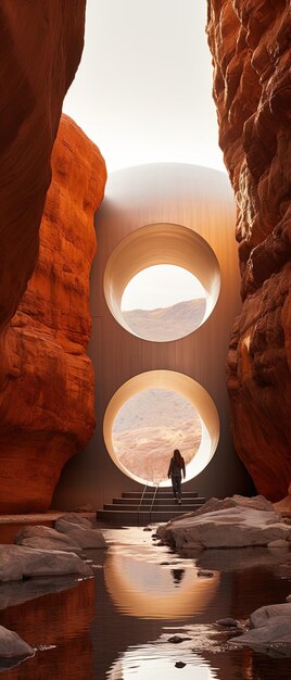 Photo a man stands in front of a canyon that has a hole in the wall