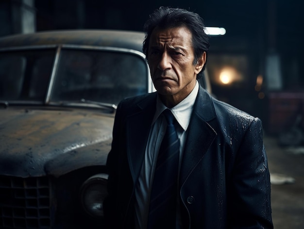 A man stands in front of a car in a dark room with a sign that says'the man is standing in front of a car '