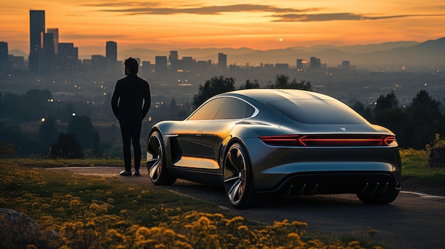 A man stands in front of the car and faces the car