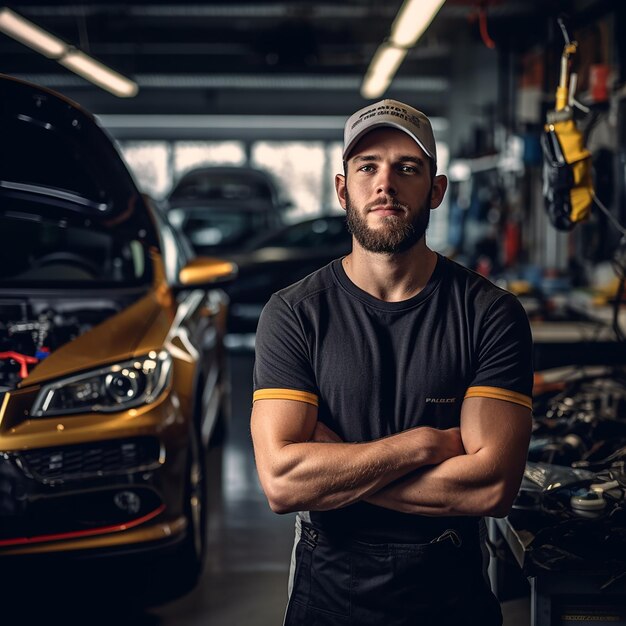 a man stands in front of a car with his arms crossed.