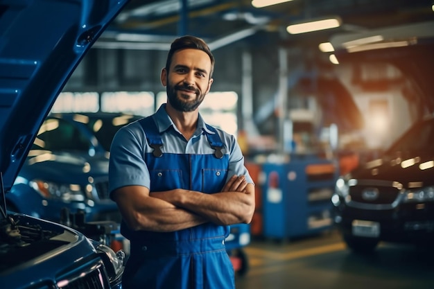 a man stands in front of a car with his arms crossed.