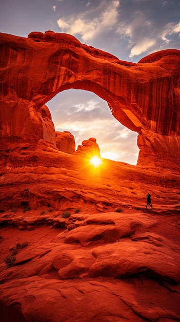 a man stands in front of a cave with the sun shining through the opening
