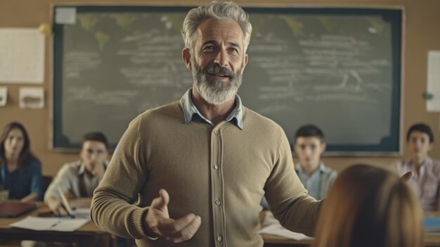 Foto un uomo si trova davanti a una lavagna con sopra la parola educazione.