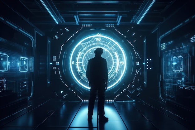 A man stands in front of a circular tunnel with the word cyberpunk on the top.