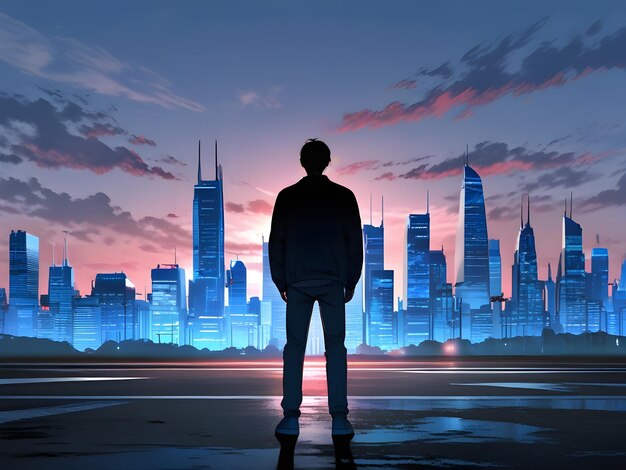 man stands in front of a city skyline