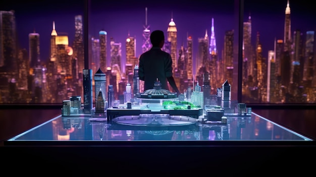 A man stands in front of a city skyline.