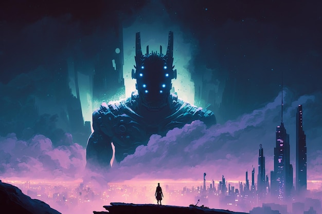 A man stands in front of a city with a giant monster in the background.