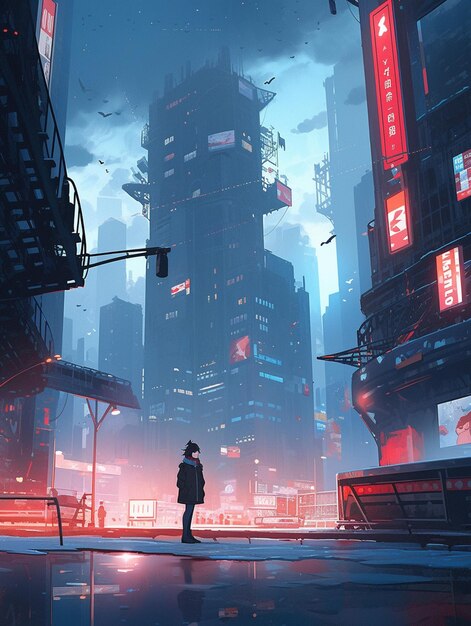 A man stands in front of a city with a sign that says'cyberpunk'on it.