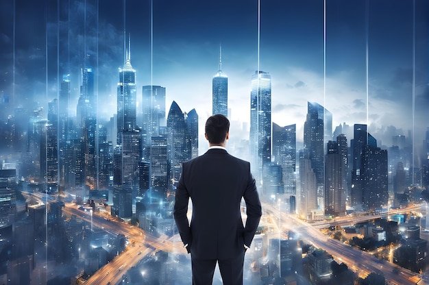 man stands in front of a cityscape