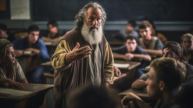 A man stands in front of a classroom full of students.