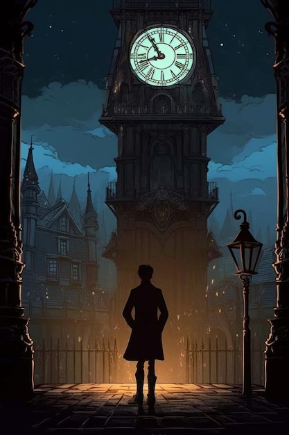 A man stands in front of a clock tower in the fall