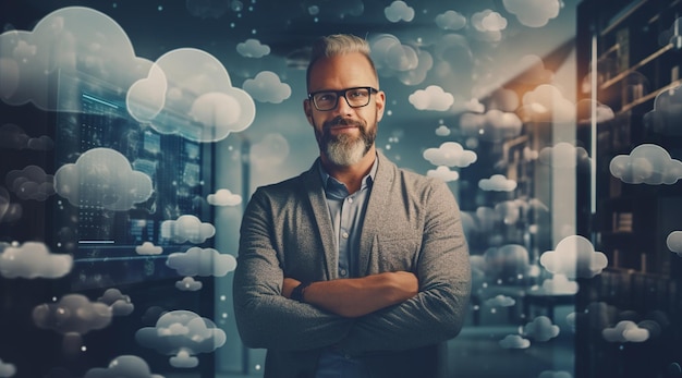 A man stands in front of a cloud storage system.