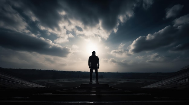 A man stands in front of a cloudy sky.