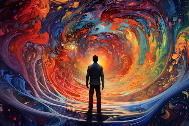 a man stands in front of a colorful abstract background image concept