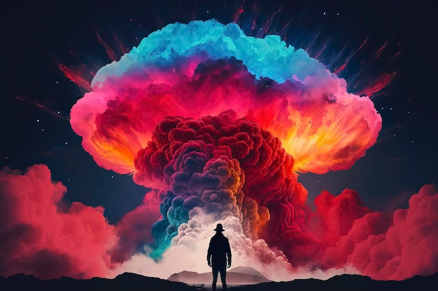 A man stands in front of a colorful cloud that says'the end of the world '